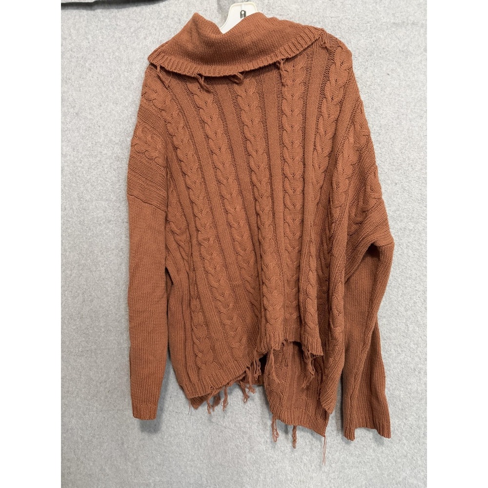 Umgee Sweater Womens L Brown Cable Knit Cowl Neck Fringe Hem Oversized